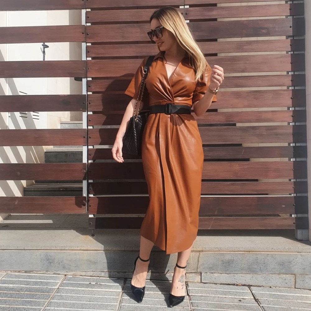 Zara Brown Faux Leather Faux Wrap Shirt Dress - Picture 5 of 16